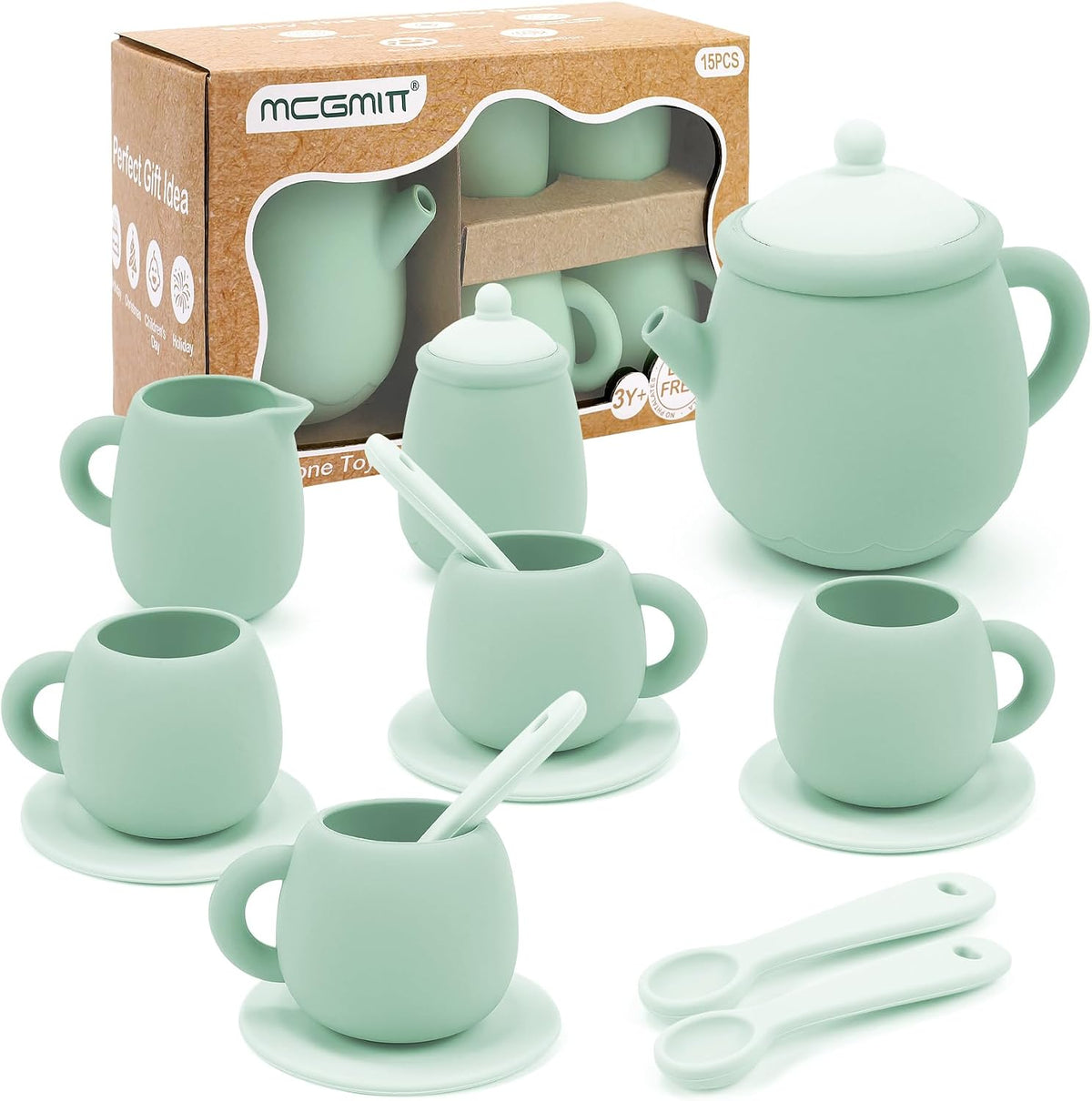 MCGMITT Silicone Tea Party Set, Toy Tea Set for Toddlers Kids - Green