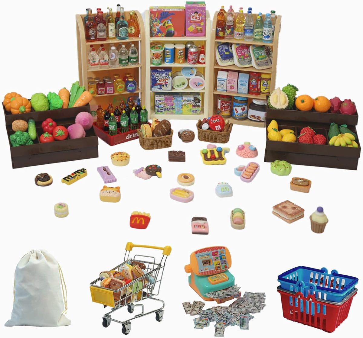 kimo 180-piece mini grocery store playset with metal shopping cart and cash register