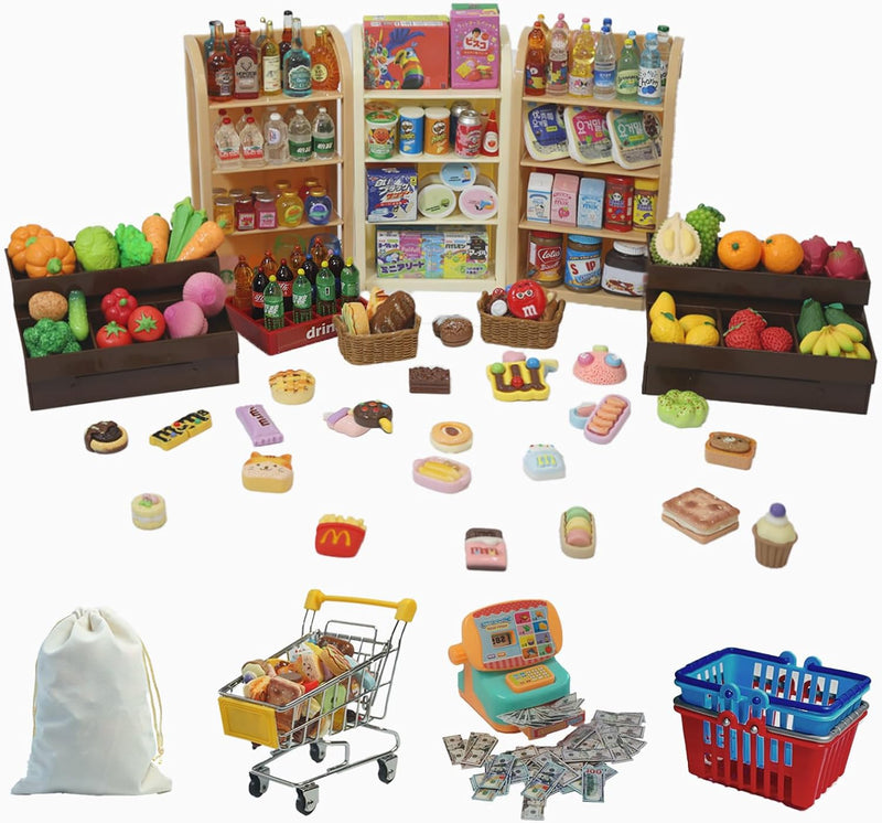 kimo 180-piece mini grocery store playset with metal shopping cart and cash register