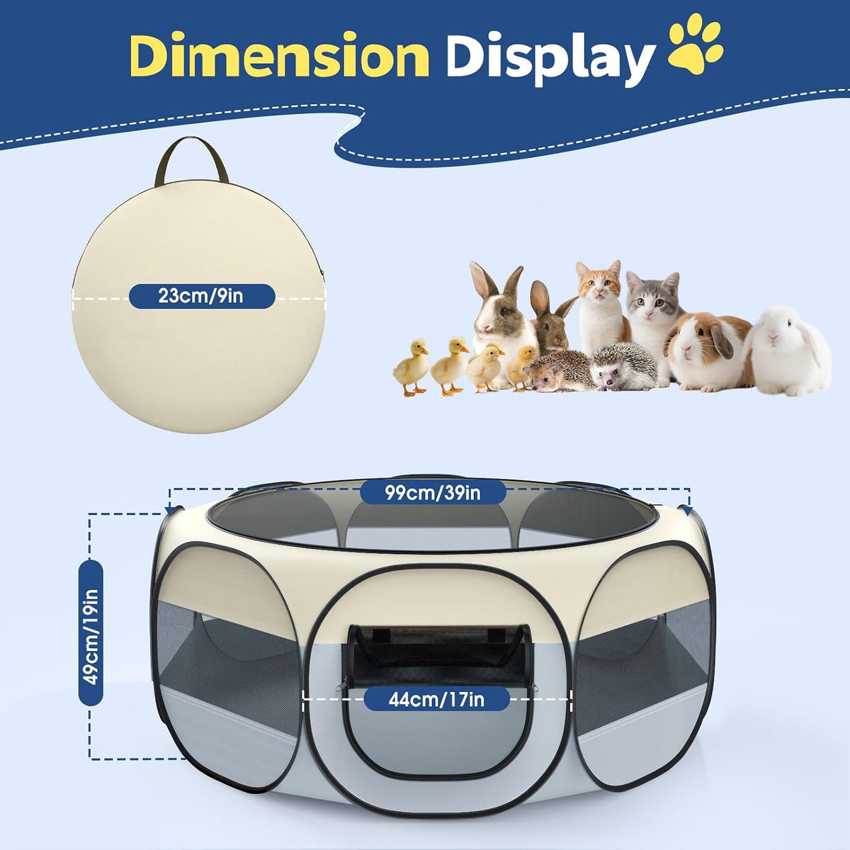 Small Animals Playpen, Waterproof Pet Tent with Zippered Top - Beige + Gray - image 2