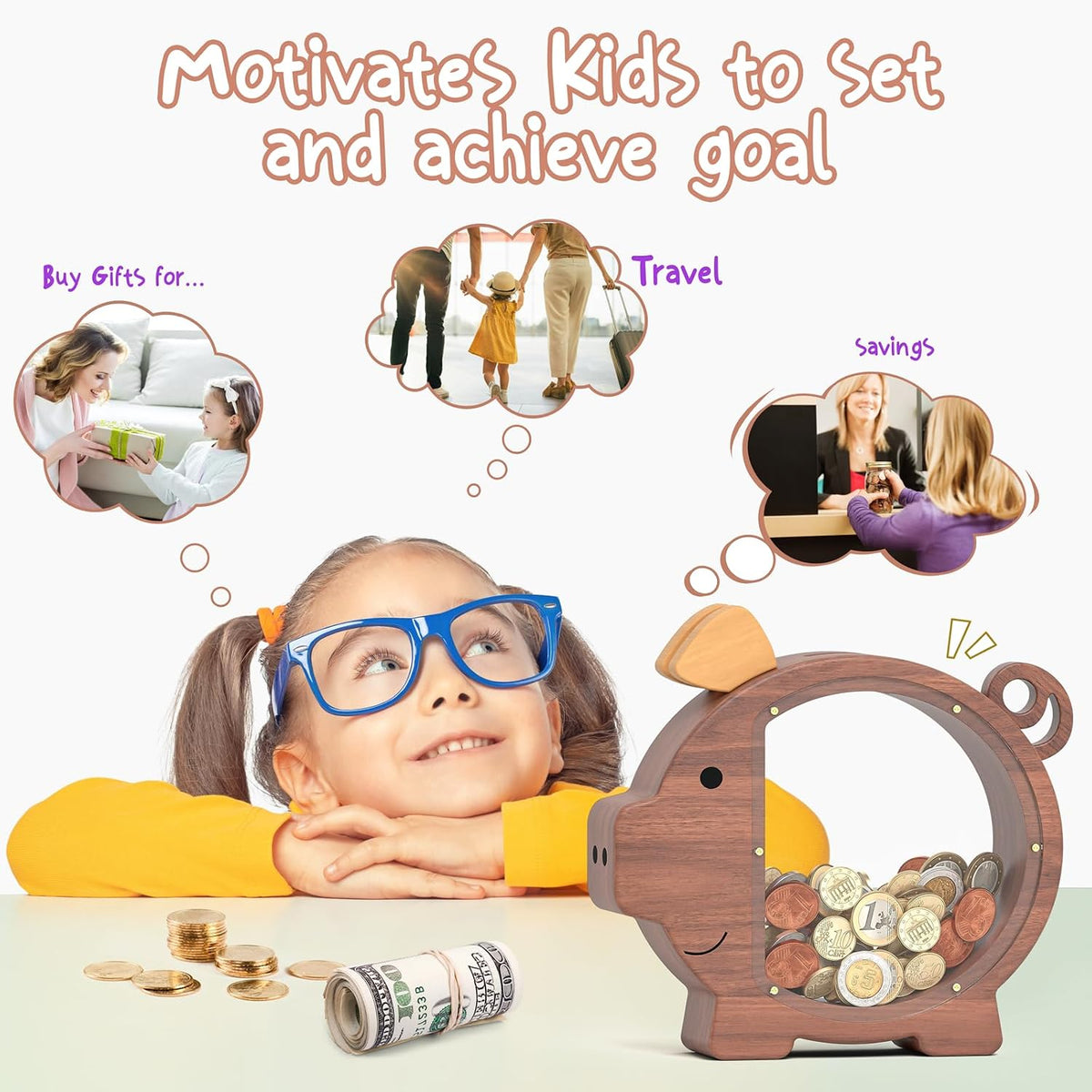 Summidate Pink Piggy Bank for Kids Girls - Walnut Wood Piggy / Standard - image 3