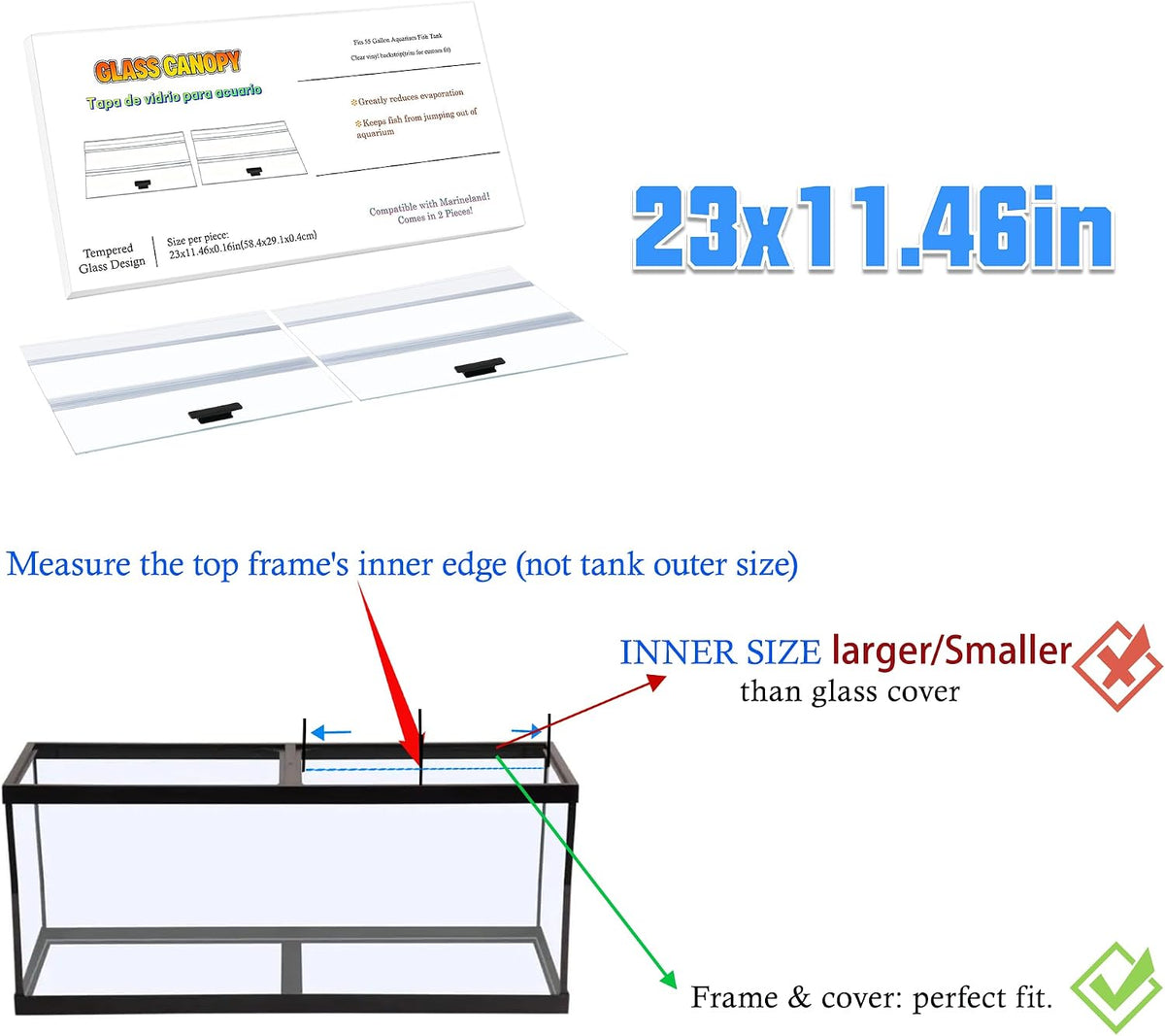 29.21x11.69 x0.16in Clear Tempered Glass Canopy – Essentials for Fish - 2PCS-23x11.46in - image 3