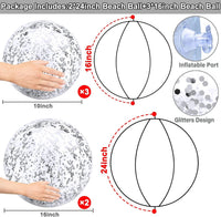 TURNMEON 5 Pack Sequins Beach Balls 16 Inch 24 Inch Pool Party - Silver / 2 pcs 24inch+3 pcs 16inch - image 2
