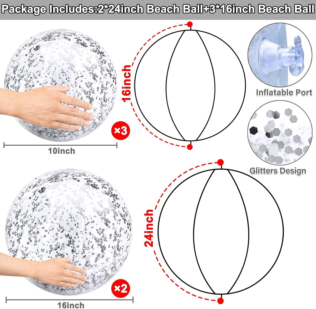 TURNMEON 5 Pack Sequins Beach Balls 16 Inch 24 Inch Pool Party - Silver / 2 pcs 24inch+3 pcs 16inch - image 2