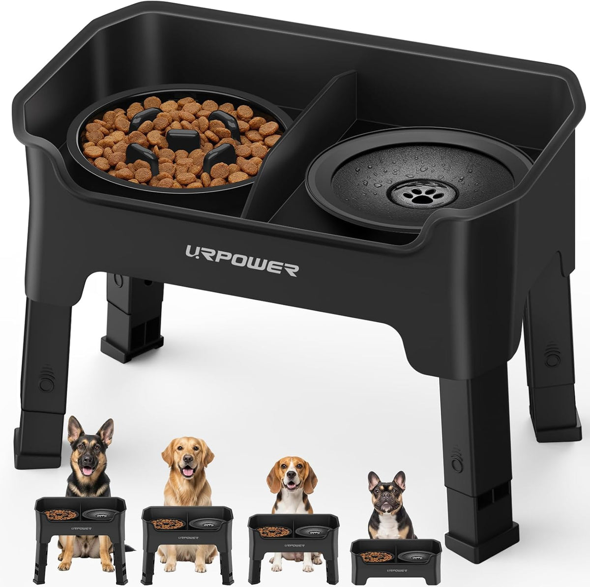 URPOWER Mess Proof Elevated Dog Bowls 4 Height Adjustable Raised Stand – Essentials for Dogs - Black / Large