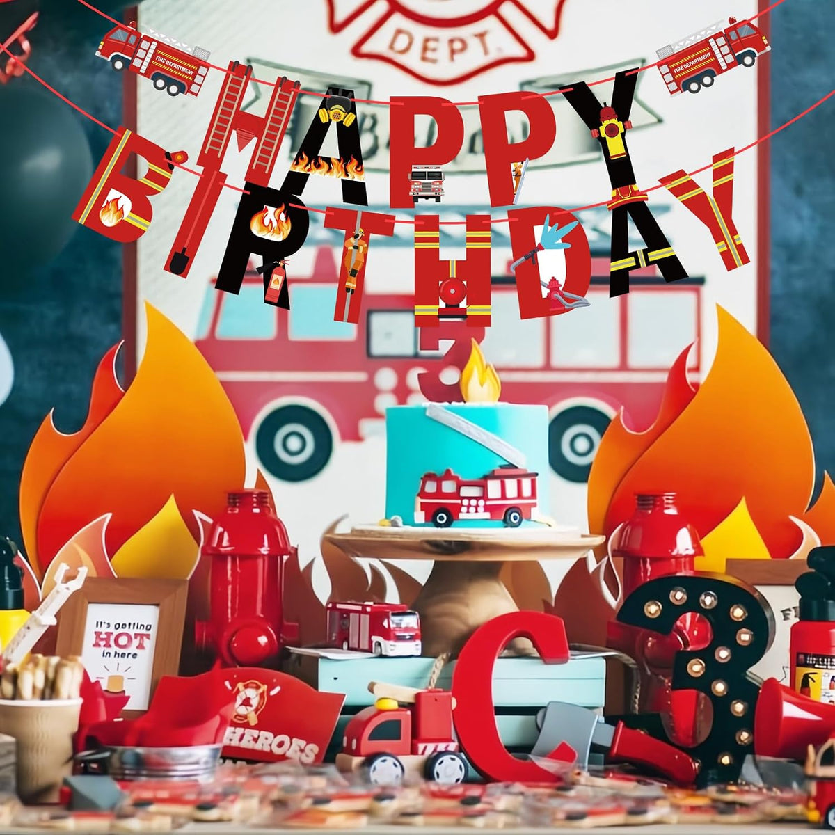 Hxezoc fire truck happy birthday banner with 14 paper flags and 2 fire engine flags - view 39