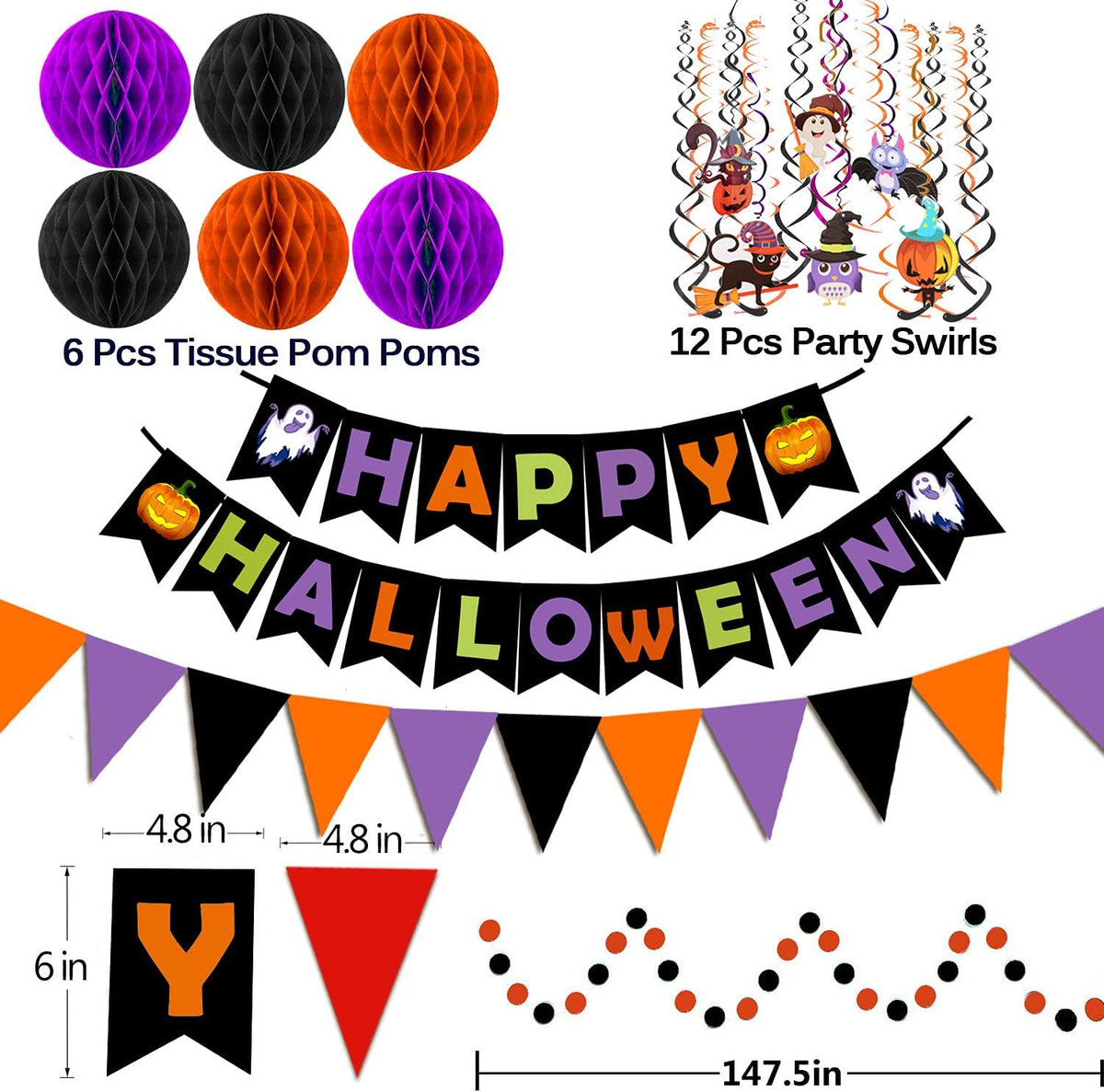 Fecedy Happy Halloween Banner Triangular bunting Paper flower fans - Halloween,black,orange,purple - image 2