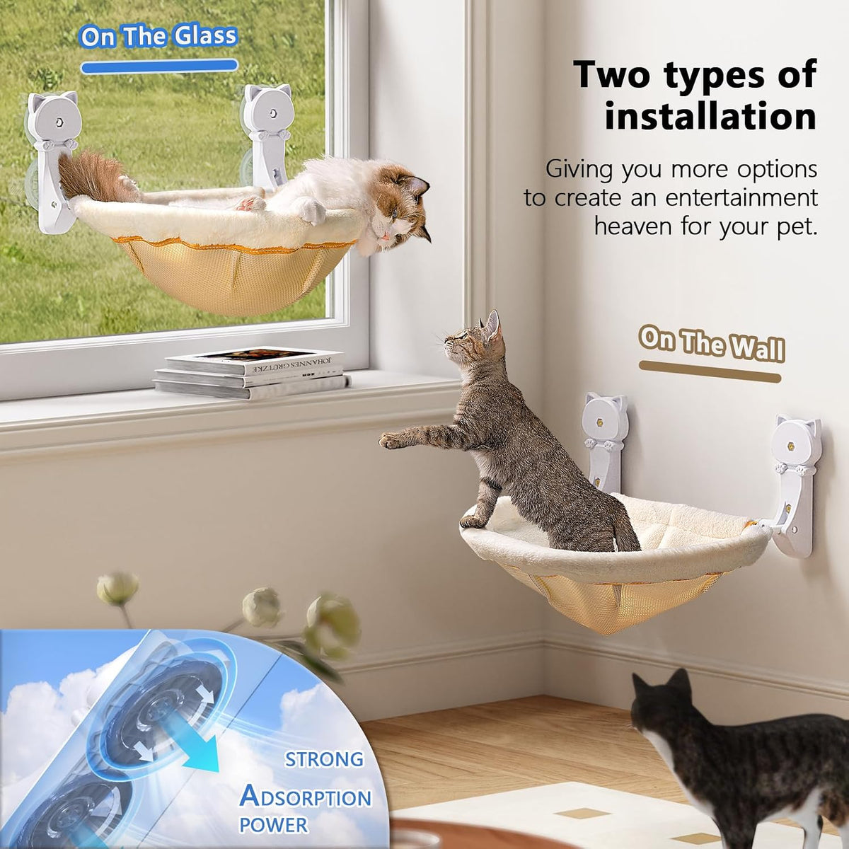 Cat Window Perch Cordless, Foldable & Stable Cat Beds - Faux Rabbit Fur / Cream - image 3
