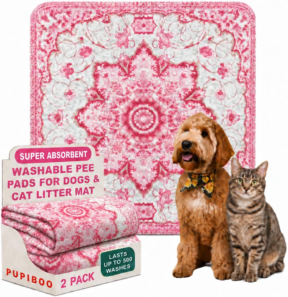 PUPIBOO Washable Pee Pads for Dogs and Cats - Pink Medallion / 36 x 36 Inch (Pack of 2)