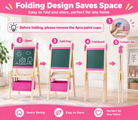 SWINSKUAD pink wooden art easel for kids with whiteboard, chalkboard, paper roll and storage basket - view 4