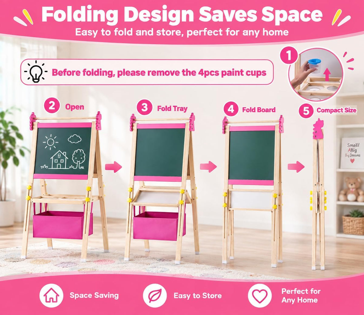 SWINSKUAD pink wooden art easel for kids with whiteboard, chalkboard, paper roll and storage basket - view 4