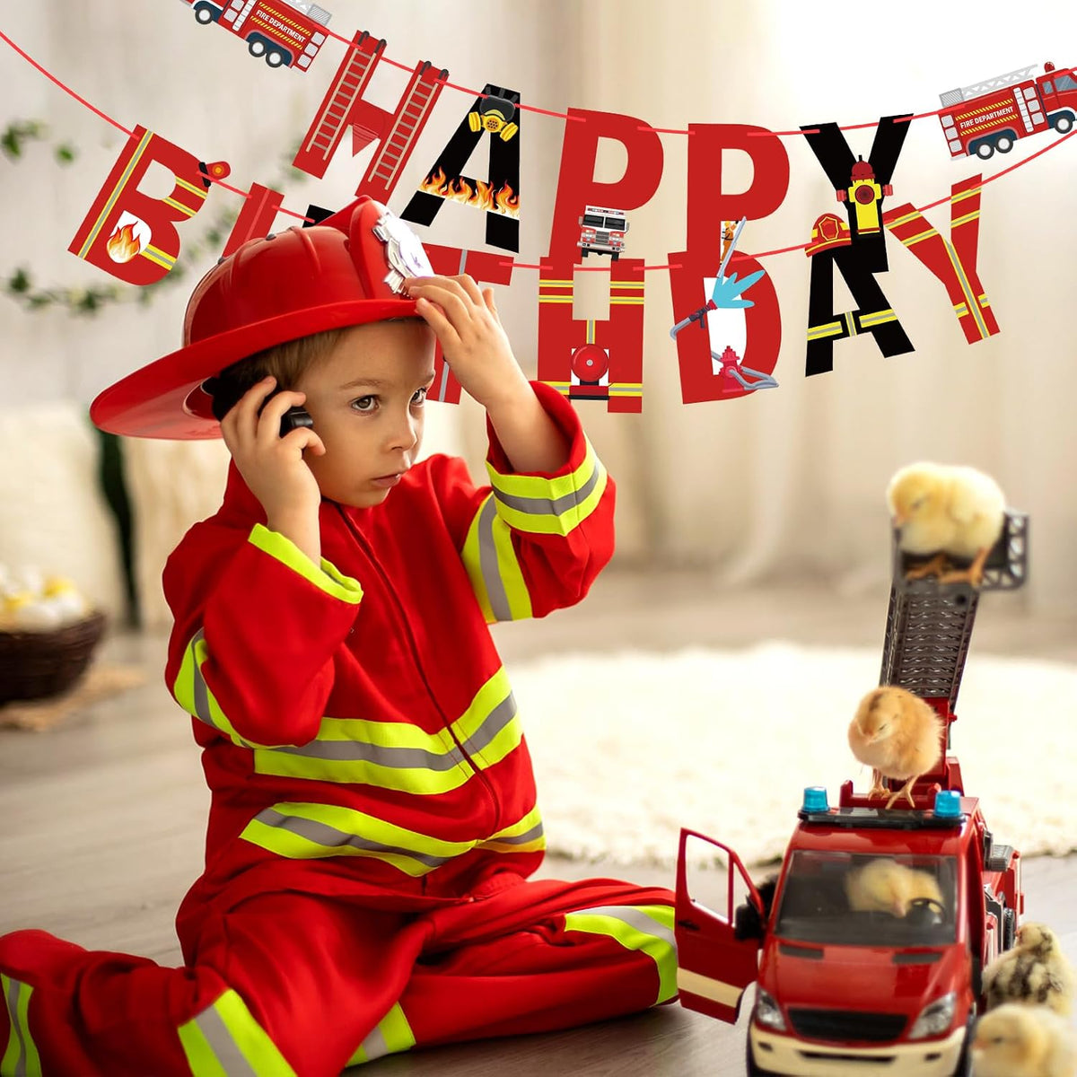 Hxezoc fire truck happy birthday banner with 14 paper flags and 2 fire engine flags - view 40