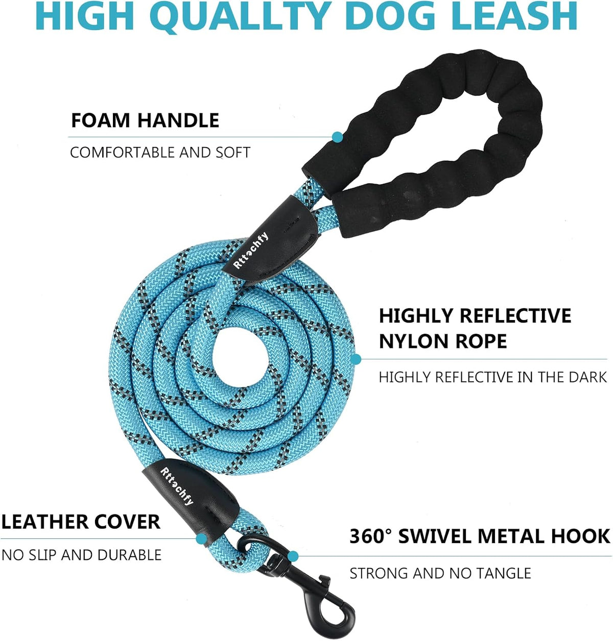 Rttochfy Rope Dog Leash 2/4/5/6/8/10 FT with Comfortable Padded - XXL (1/2'' x 8 FT) / Blue - image 2