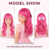 AMZCOS kids long wavy hot pink princess cosplay wig with pink bow and drop earrings - view 10
