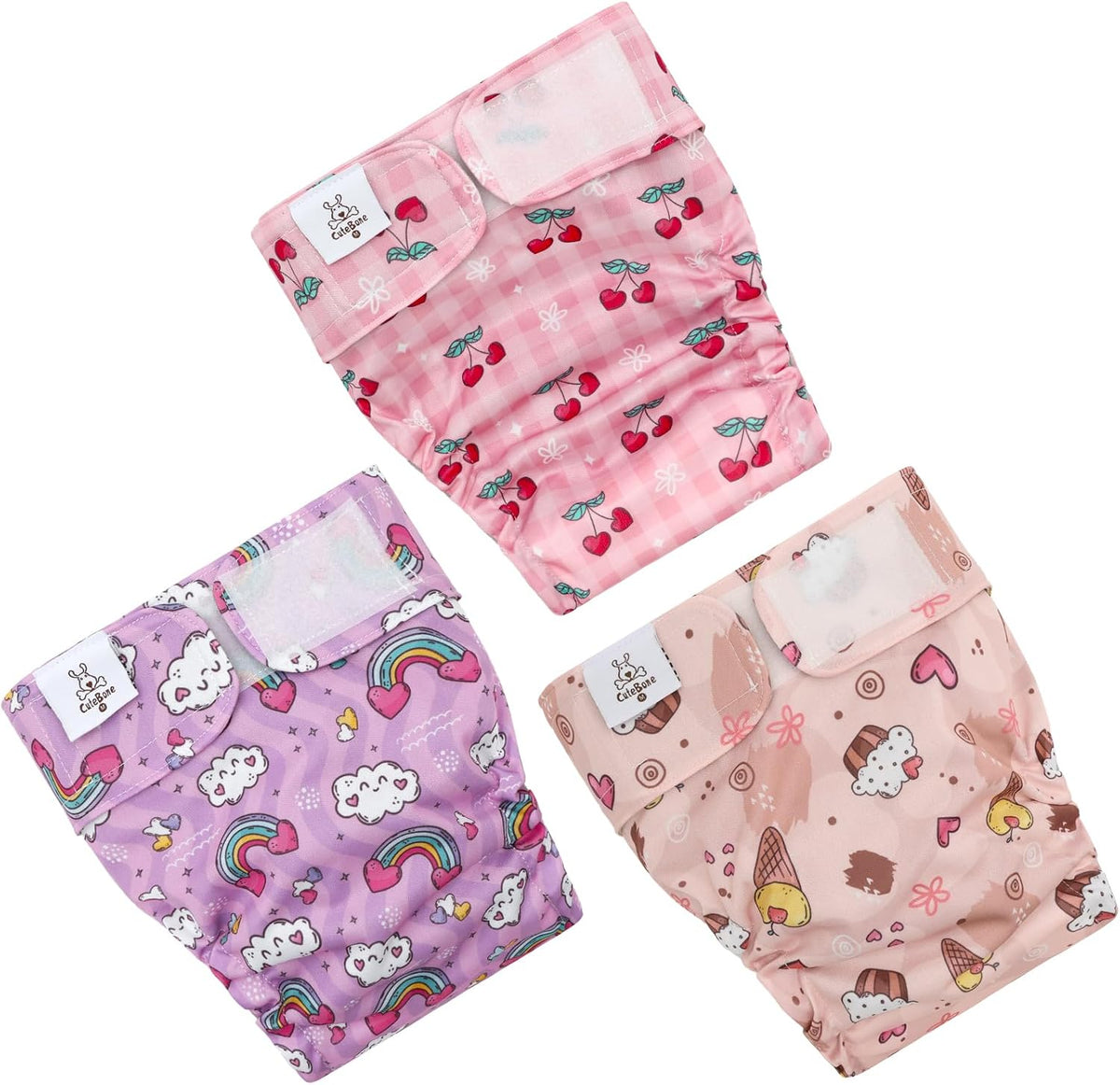 CuteBone Washable Dog Diapers Female No Tail Hole 3 Pack Reusable - For docked-tail, Cherry&rainbow&dessert / S - image 2