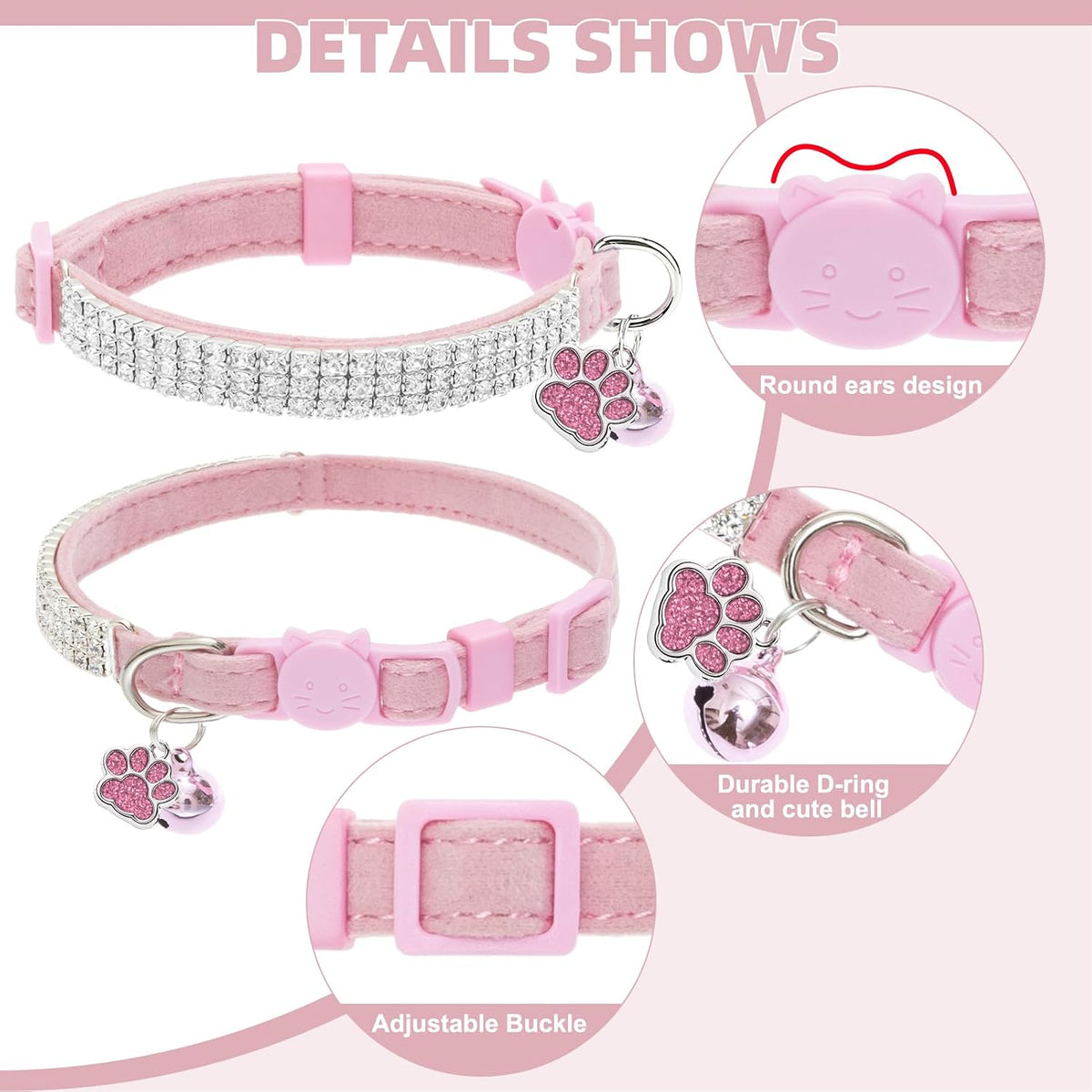 2 Pack Soft Velvet Safe Bling Diamond Cat Collars with Bells – Essentials for Cats - Pink / 9"-12" Cats / Mini Dogs - image 3