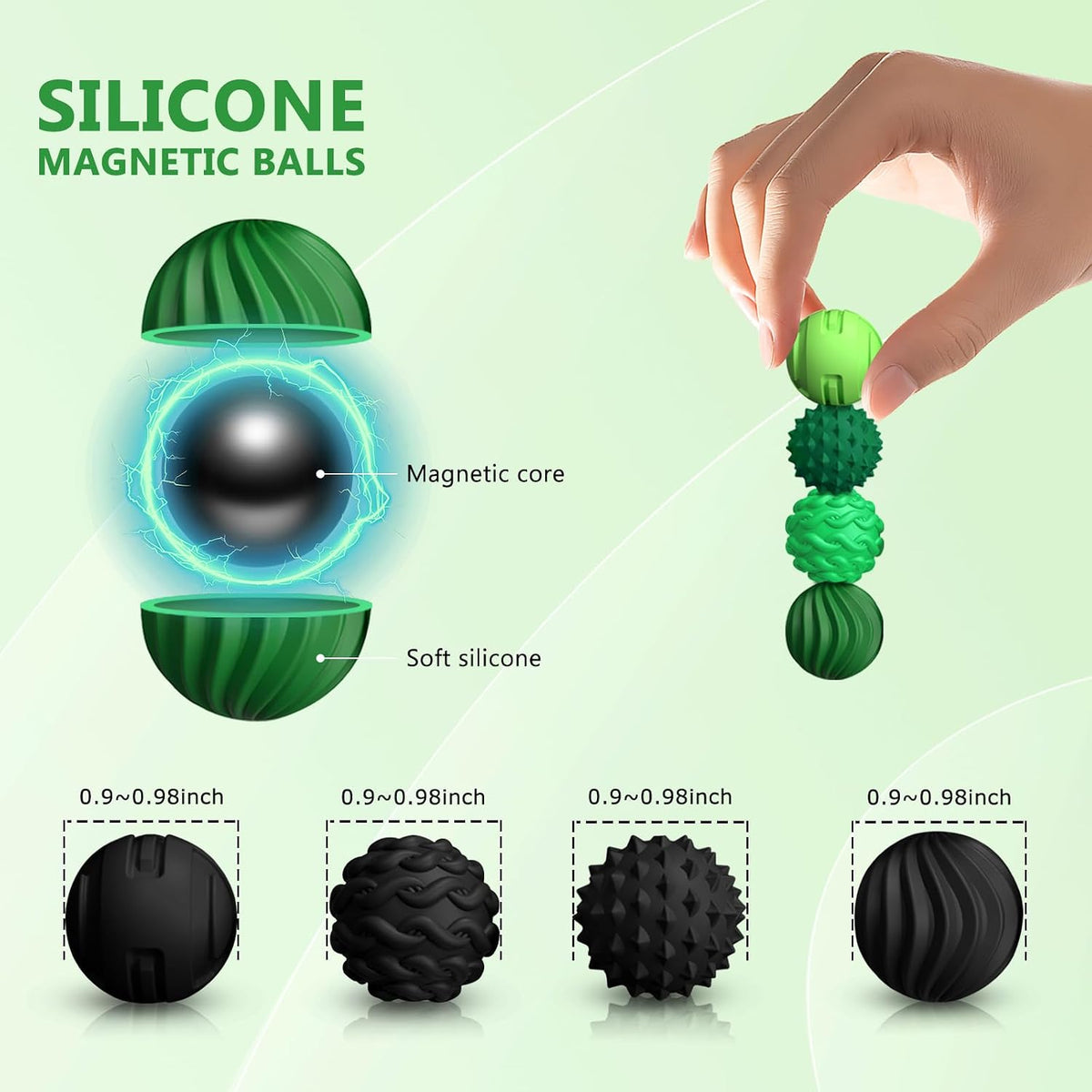 DGMDGS 8 silicone magnetic fidget balls in black and green textures - view 7