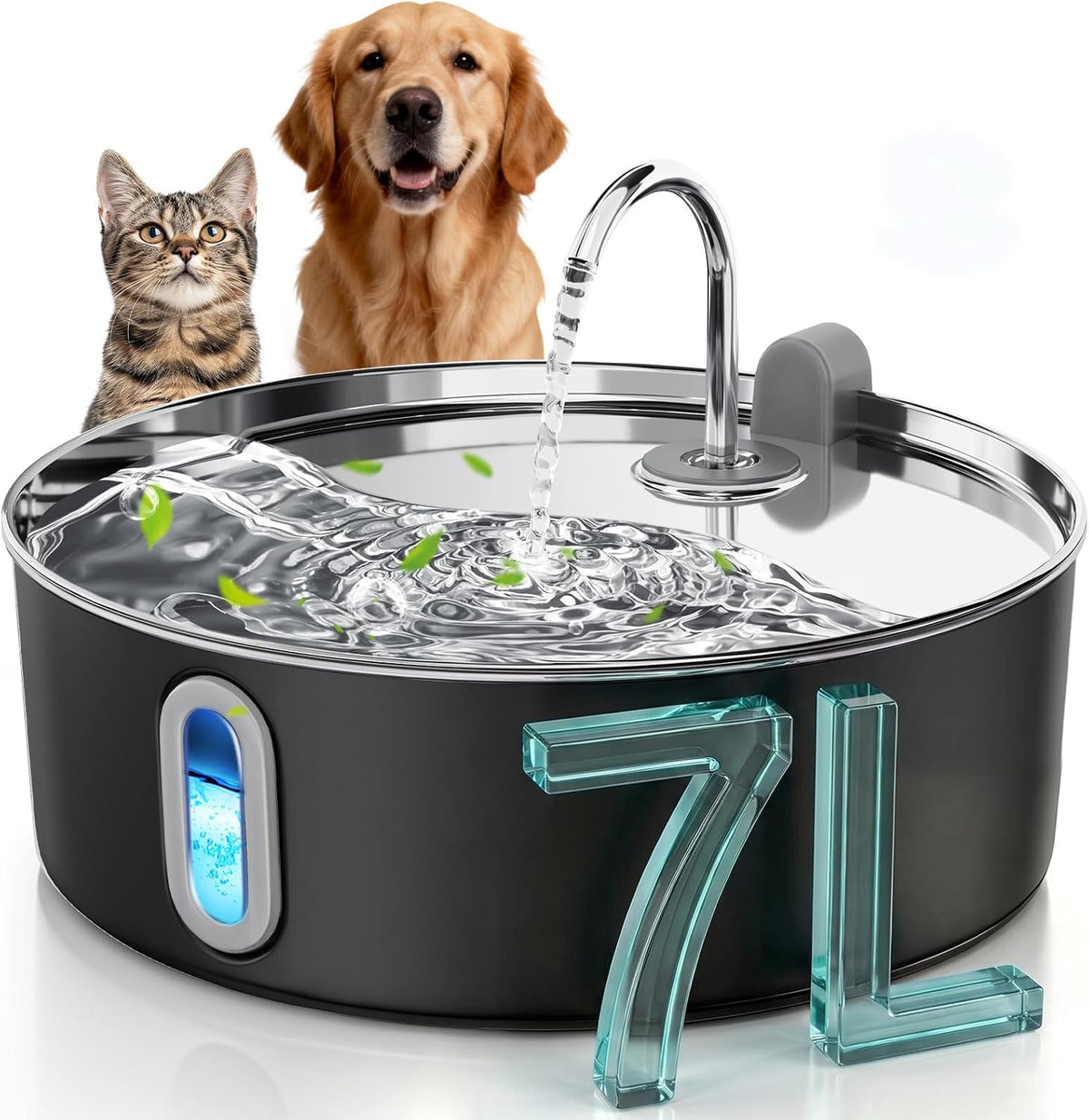 7L/236oz Stainless Steel Dog Water Fountain for Large Dogs & Cats – Essentials for Dogs - Matte Black / Water Fountain + 1 Filter + 1 Sponge