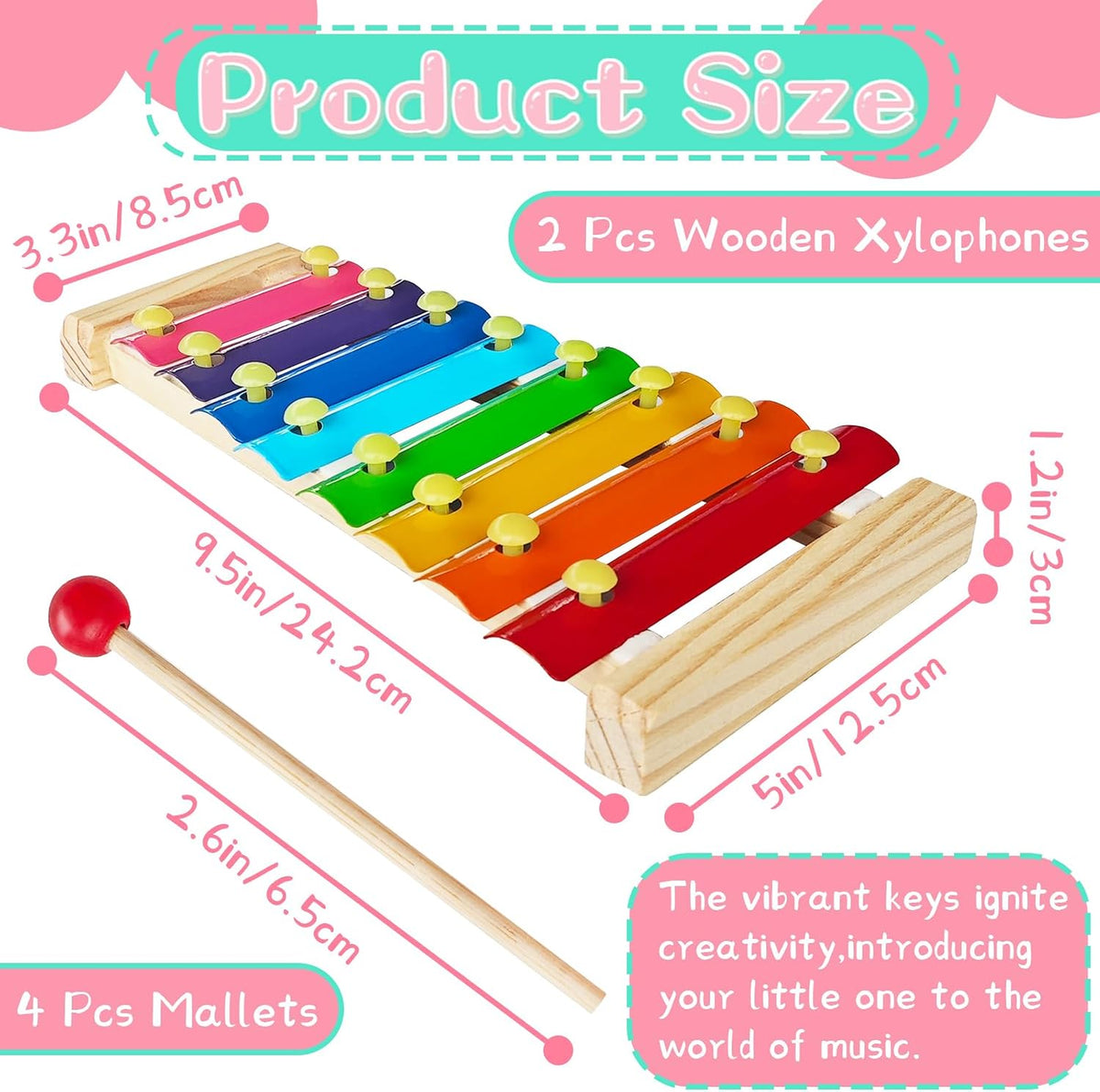 Xeehwb 2 pack wooden xylophones for kids with 8 colored keys and child mallets - view 2