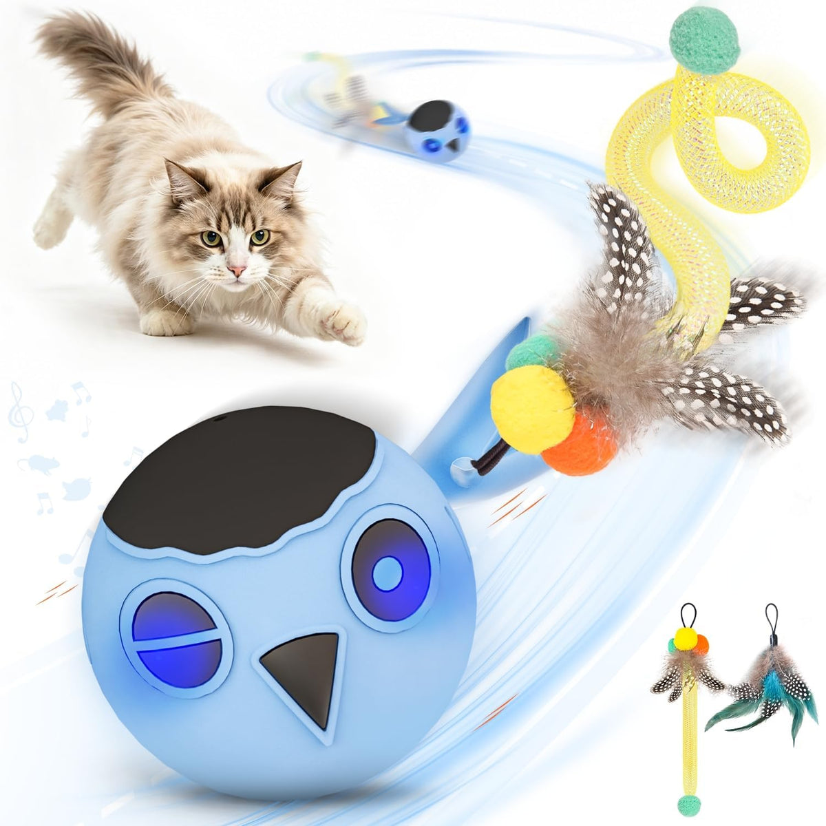 Cat Ball Toy, Upgraded Smart Motion Sensor Moving Ball with 3 Speed Modes & 4 Sounds, Interactive - Blue