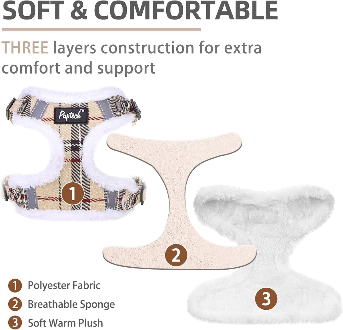 PUPTECK Dog Harness and Leash Set Small Sized - M (17-25lbs, Chest 17"-21") / #3 Beige(Plush Plaid) - image 2