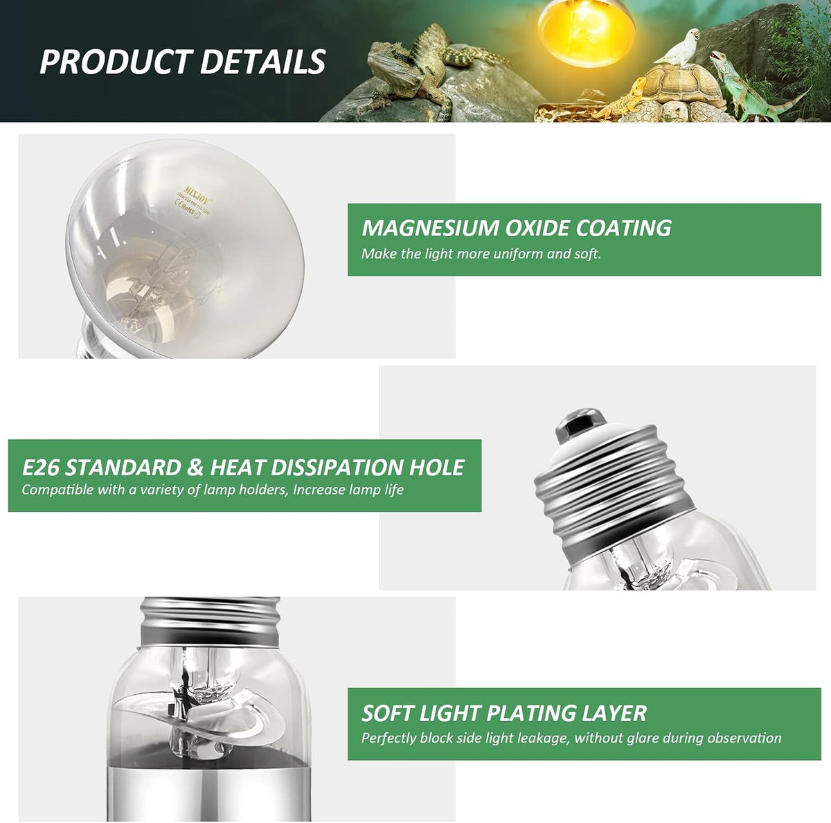MIXJOY 100W Reptile Heat Lamp Bulb Full Spectrum UVA UVB Sun Light - 1 Count (Pack of 1) - image 4