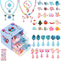 Drabac kids jewelry set with clip-on earrings, rings and necklaces in a purple organizer box