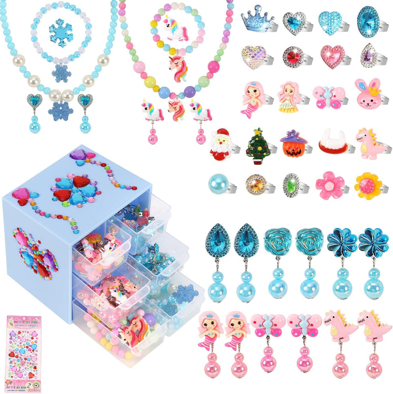 Drabac kids jewelry set with clip-on earrings, rings and necklaces in a purple organizer box