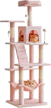 MWPO 63.8-Inch Pink Cat Tree for Indoor Cats, Multi-Level Cat Tower with Sisal-Covered Scratching Posts, Padded Platform, Hammock, Dangling Toys, Stable Cat Condo Pet Play House