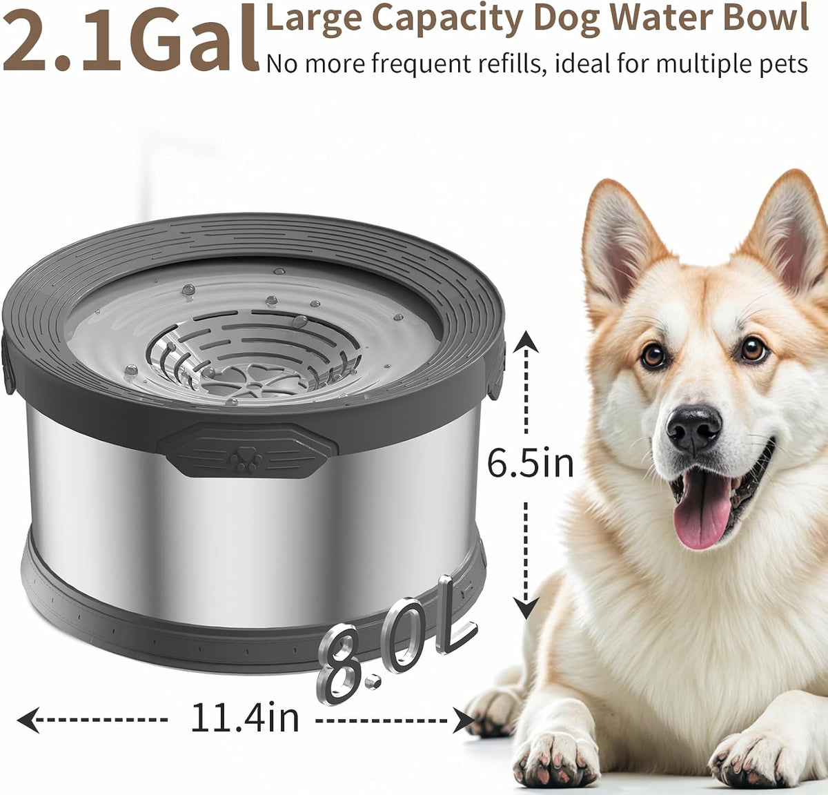 6.5L Dog Water Bowl No Spill 1.6 Gallon Stainless Steel Water Bowl - 8L+2 Filters - image 2