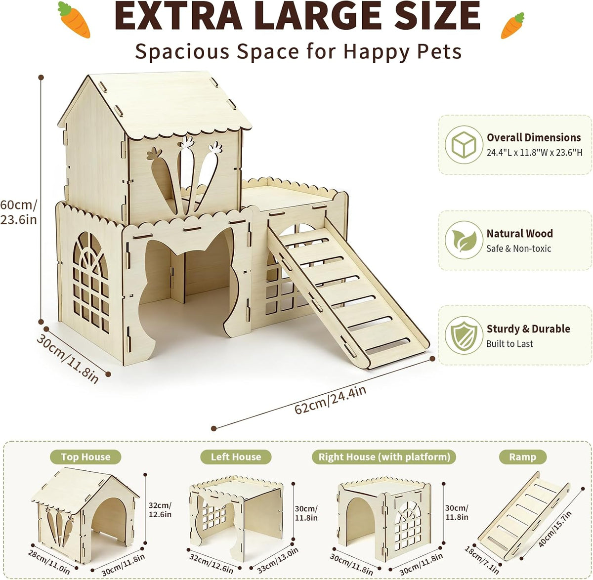 Large Wooden Bunny Hideout - 3 House and 1 Ladder - image 2