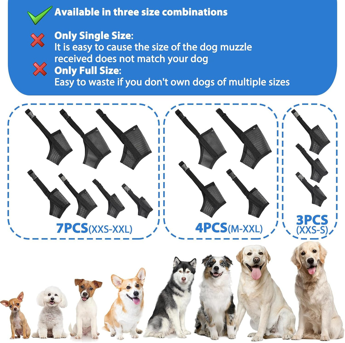 Mesh Dog Muzzle Suits for Small Medium Large Dogs Dog Muzzle Set – Essentials for Dogs - Black / Full Size 7 PCS(XXS-XXL) - image 3