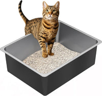 Ohtomber High Sided Stainless Steel Cat Litter Box – Daily Care for Cats - 17.5"L × 13.6"W × 6"H