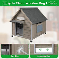 Outdoor Dog House Weatherproof Large Wooden Dog Kennel Indoor for Small Dogs with Chew-Proof Frame, Oxford Fabric Window, Removable Floor Pet Shelter (Grey, 26" D x 31.9" W x 32" H)