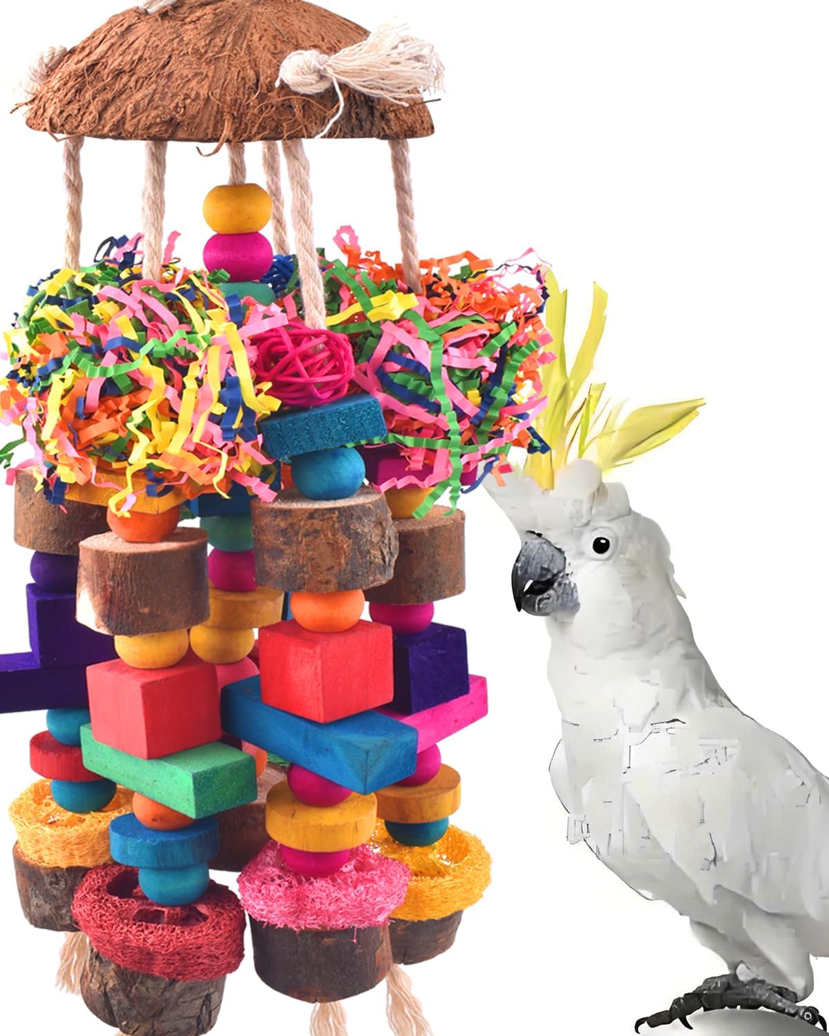 KATUMO Bird Toy, Large Parrot Natural Wooden Blocks Chewing Toy Suits for African Grey Cockatoos - Shredded paper