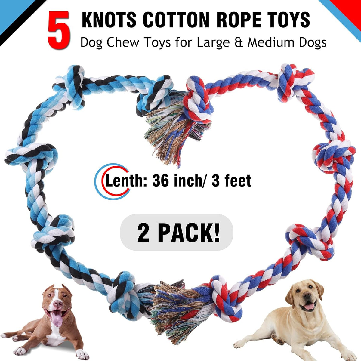 XIGOU Dog Rope Toys for Large Dogs Aggressive Chewers - Blue & Red / 5 Knots - image 2
