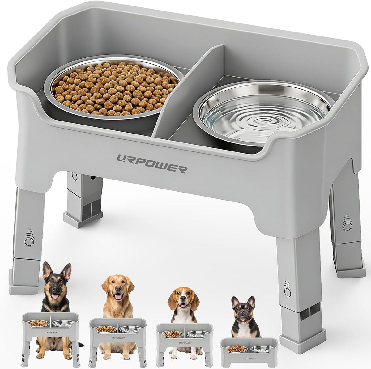 URPOWER Elevated Dog Bowls - Light Grey / Medium