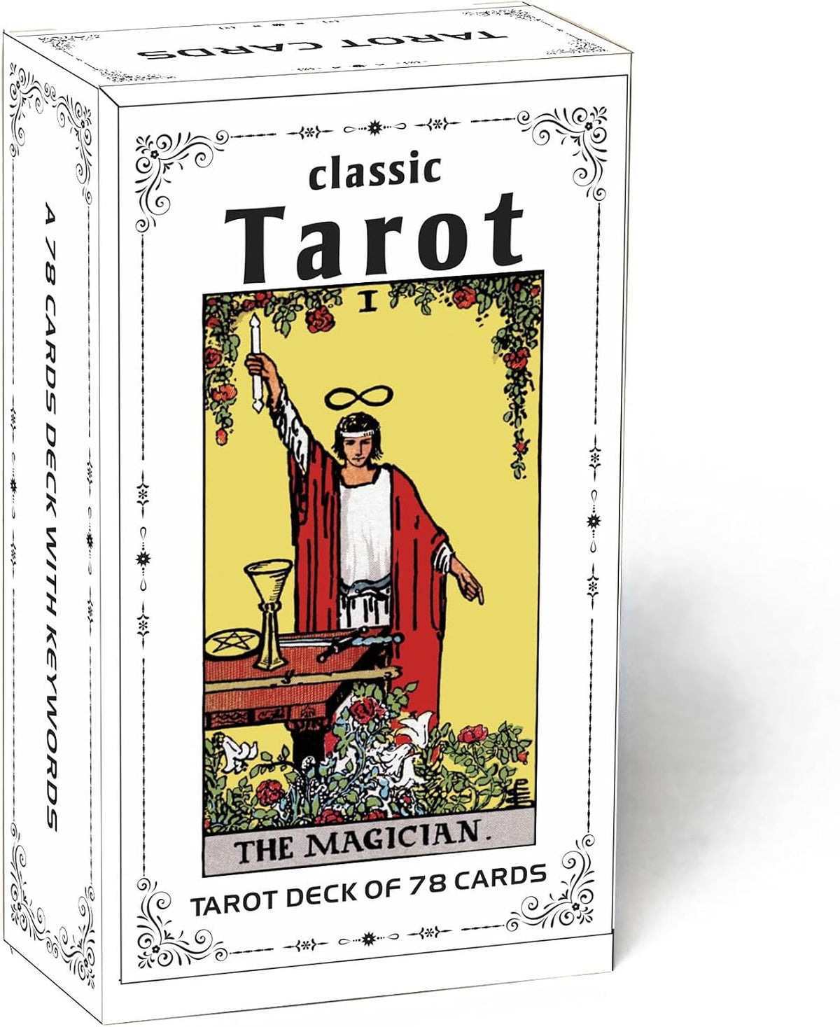 Classic tarot cards for beginners, 78-card black deck with meanings and keywords printed on each card