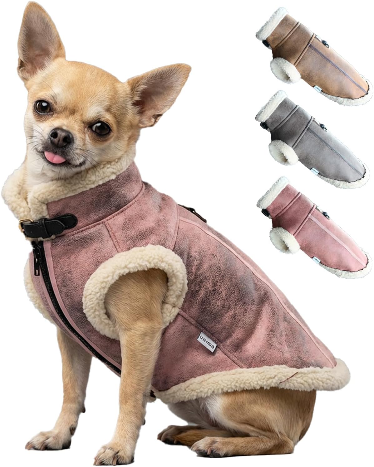 Retro Aviator Dog Jacket – Faux Leather Winter Coat with Plush Sherpa Fleece Lining for Bulldog - Pink / X-Small