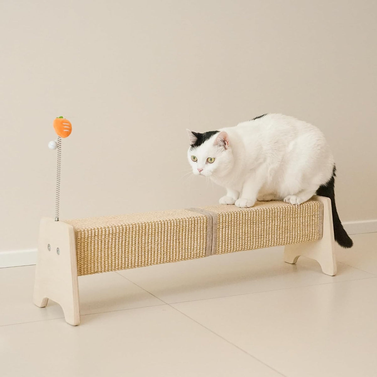 Cat Scratching Post, 30" Horizontal Sisal Scratch Post for Indoor Cats, Durable Cat Furniture Protector, Spring Toy Included