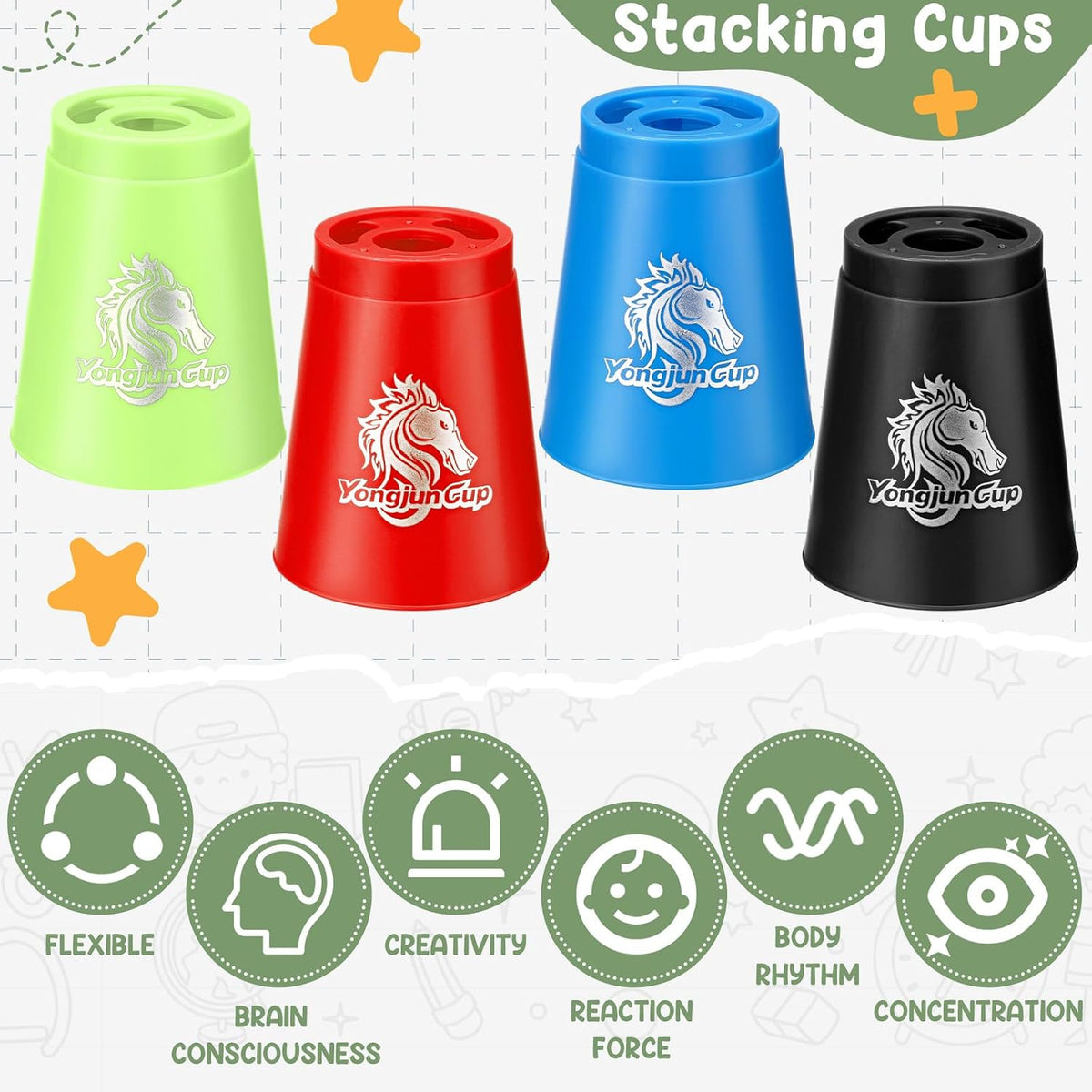 Libima 48 piece sports stacking cups set in blue, green, black and red - view 6