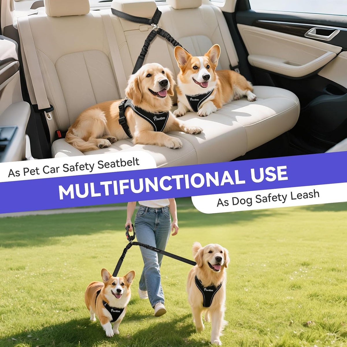 Pawaboo 2Pack Dog Car Seatbelt - AA-Black + Silver - image 4