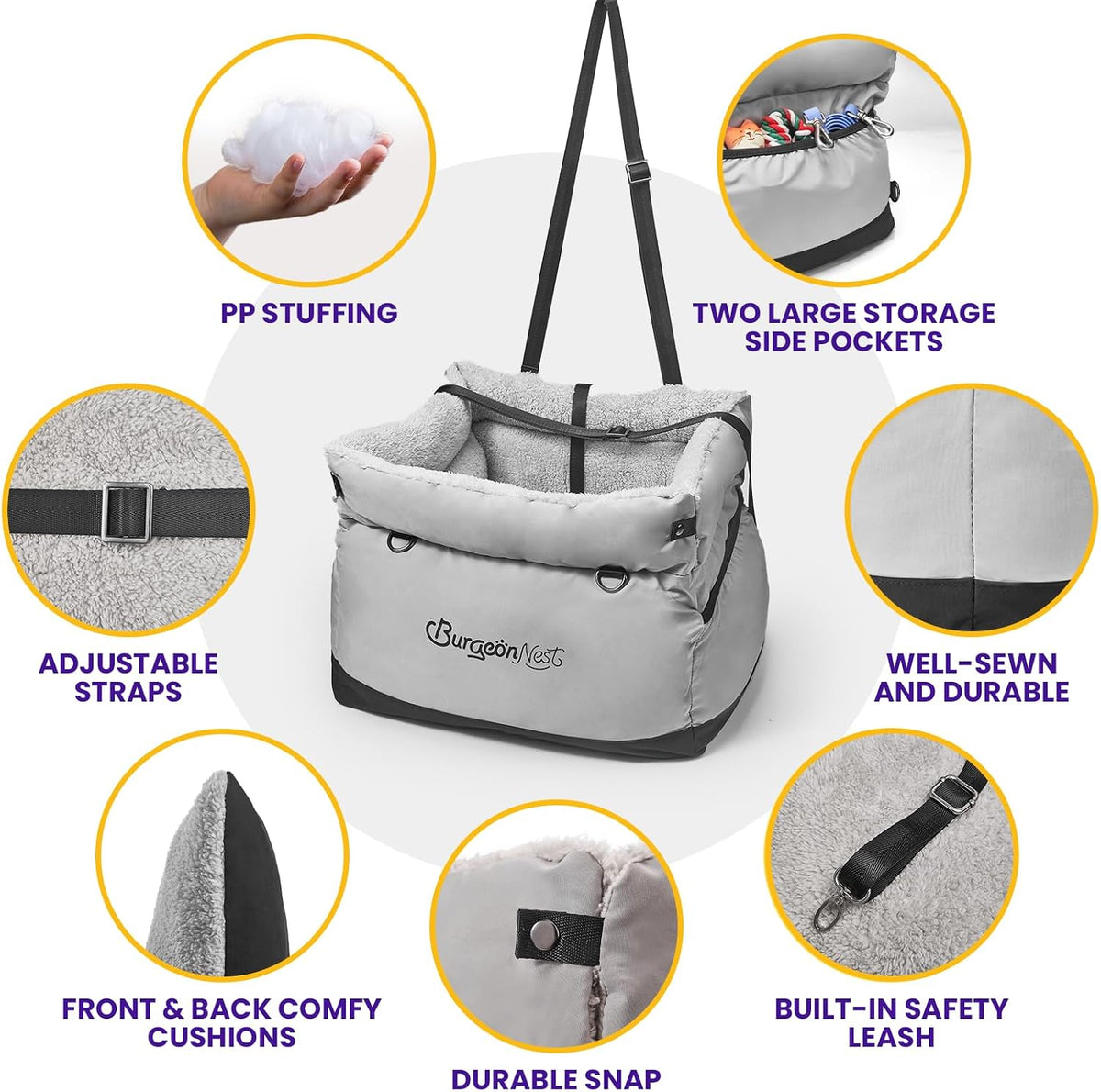 BurgeonNest Dog Car Seat for Small Dogs up to 25 lbs Grey – Essentials for Dogs - Grey Black - image 4