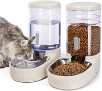 Automatic Cat Feeder and Water Dispenser with Stainless Steel Bowl - Stainless Steel-Beige