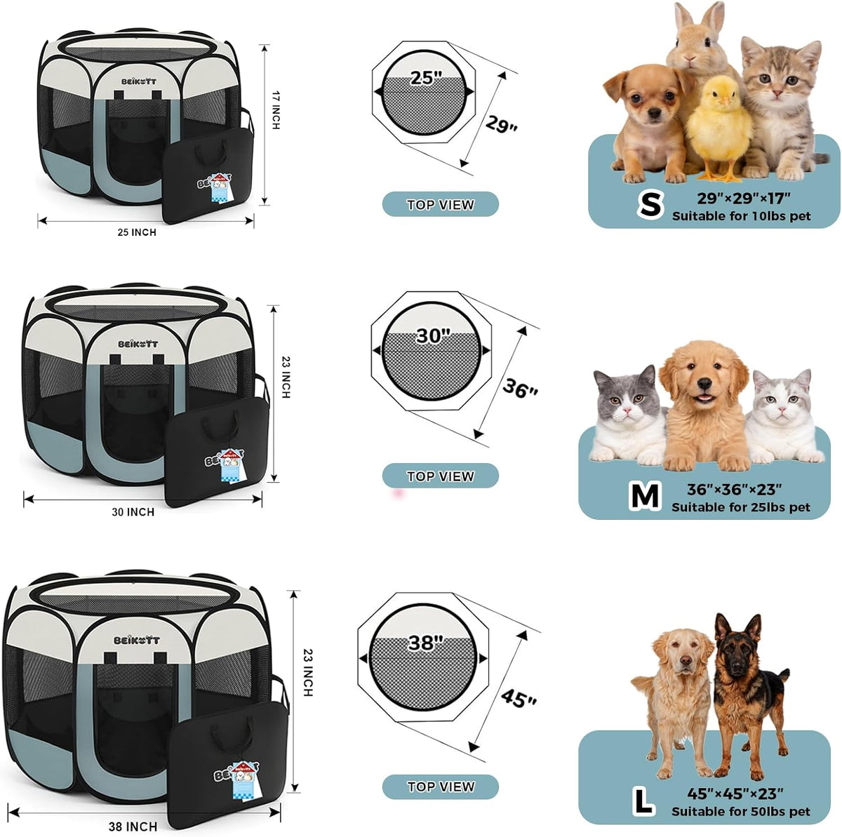 Dog Cat Playpen, Puppy Pet Crate Tent Cage - Grey / M(36"L x 36"W x 23"H) - image 3