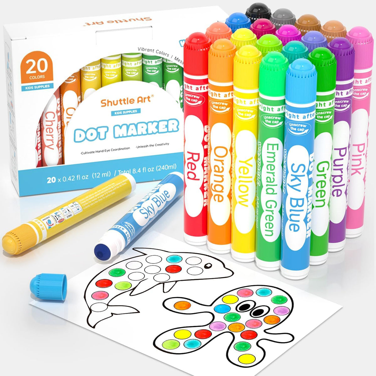 Shuttle Art Dot Markers, 10 Colors Washable Markers for Toddlers - 20 Colors / 20