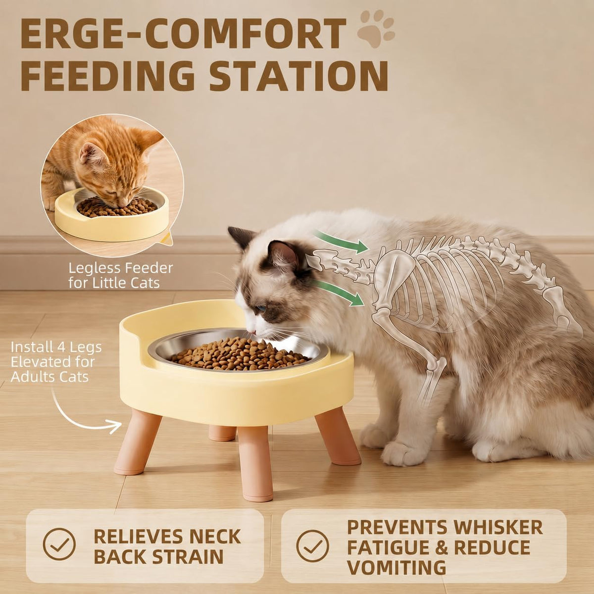 Elevated Cat Bowls, 2P Raised Cat Food and Water Bowl Set for Indoor Cats, Splash Proof with 2 - 2P Cat Bowls - Yellow - image 3