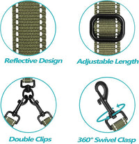 PetBonus Double Dog Leash, No Tangle Dual Leash, Reflective Walking Training Lead, 4 Comfortable Padded Handles for 2 Dogs with Collapsible Bowl and Waste Bags (Army Green, Large)