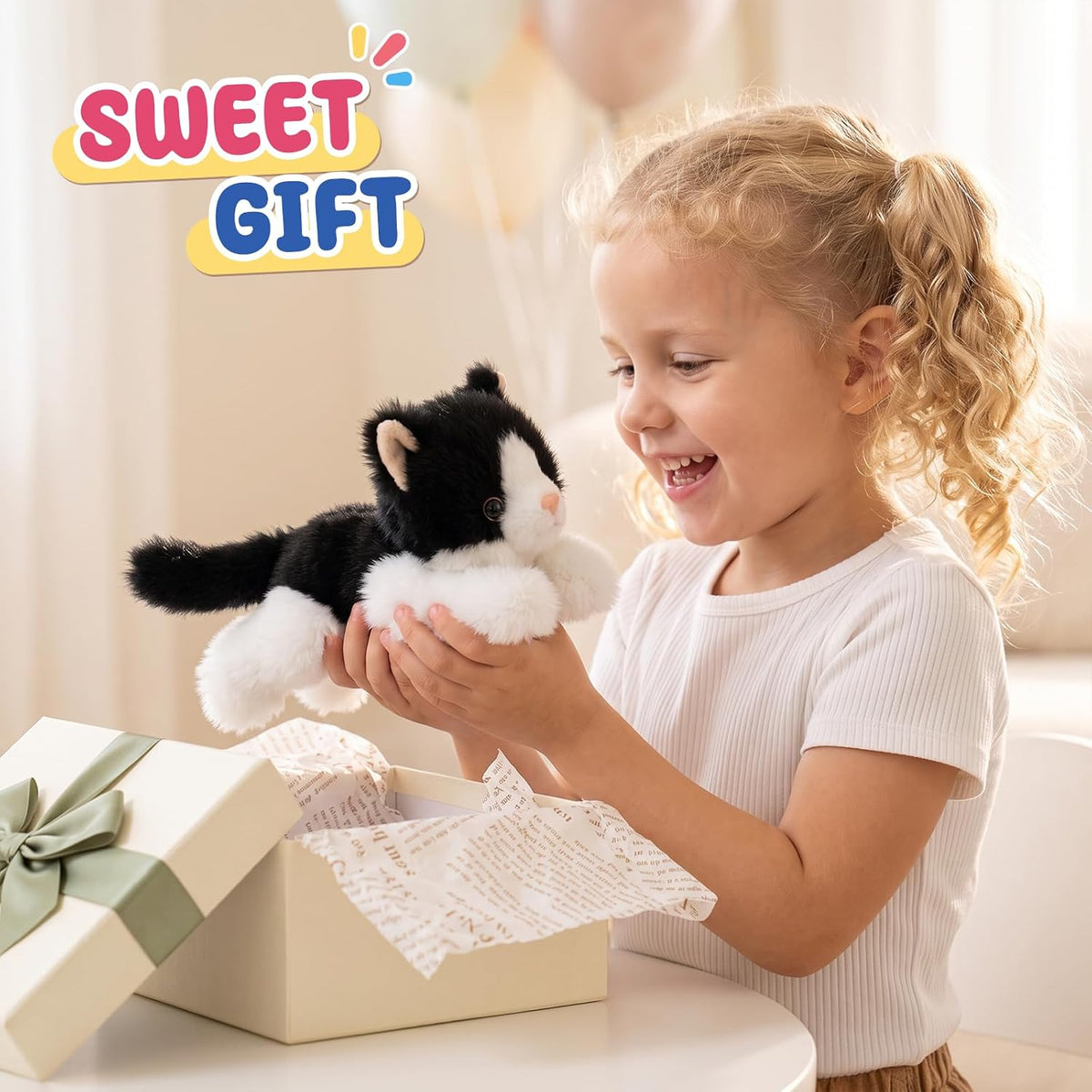 PEACH CAT tuxedo cat stuffed animal, black and white weighted kitten plush - view 12