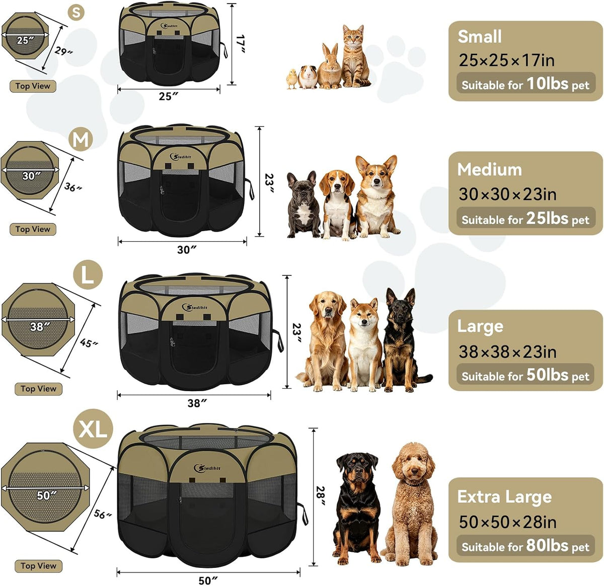 Siedihit Dog Cat Playpen, Puppy Pet Playpen Indoor for Small Dog Crate Tent Cage Outdoor, Portable - Black Khaki / Extra Large - image 2